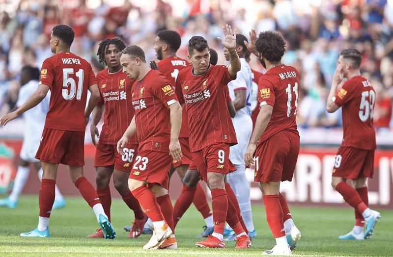 Firmino celebrates with Salah after his equaliser set the tone in Liverpool&#039;s final pre-season friendly of 2019