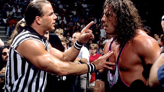 Special Referee, Shawn Michaels has words with Bret Hart in the SummerSlam 1997 headliner