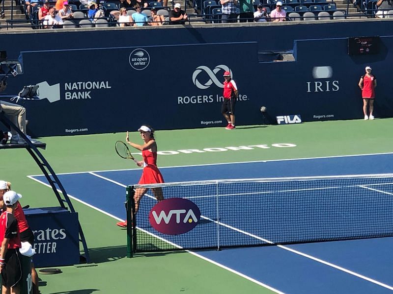 Caroline Wozniacki waves to the crowd after her straight-sets victory over Yulia Putintseva at the Rogers Cup. Photo by: Rudy Martinez