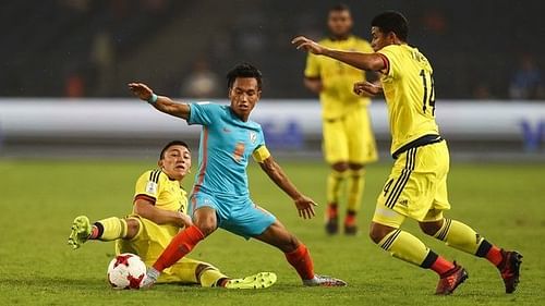 Amarjit Singh in action against Colombia in the 2017 U-17 FIFA World Cup in India