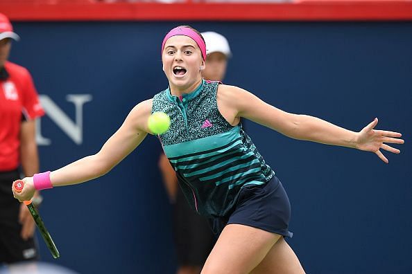 Ostapenko in action on Day 1 of this year&#039;s Toronto Rogers Cup