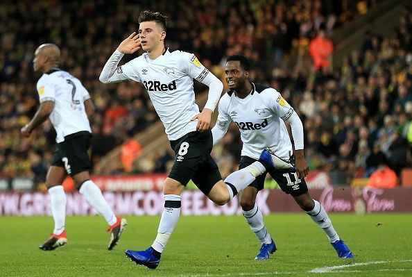 Mason Mount celebrating a goal for Derby County