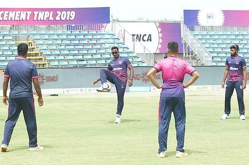 iDream Karaikudi Kaalai team in practice session ahead of their clash against Lyca Kovai Kings in Sankar Cement TNPL 2019 at M.A.Chidambaram Stadium, Chennai