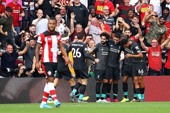 Liverpool players celebrate Roberto Firmino&#039;s goal in a hard-fought 2-1 away win against Southampton