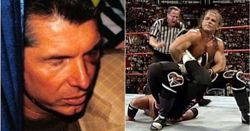 Left: Vince McMahon sports a black eye he claims was perpetrated by Bret Hart. Right: HBK locks Bret Hart in the sharpshooter .