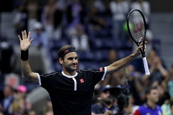 Federer acknowledges the crowd after winning his first-round match at the 2019 US Open