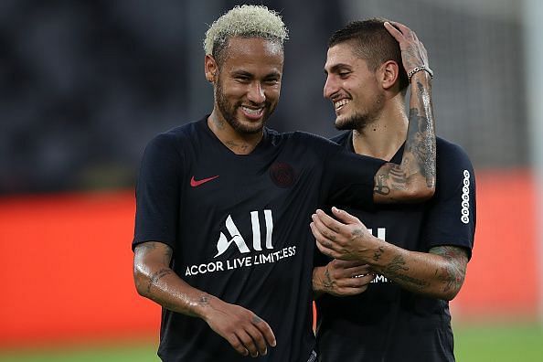 Neymar and Marco Verratti in PSG training