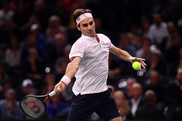 Federer plays a forehand at Paris-Bercy Masters