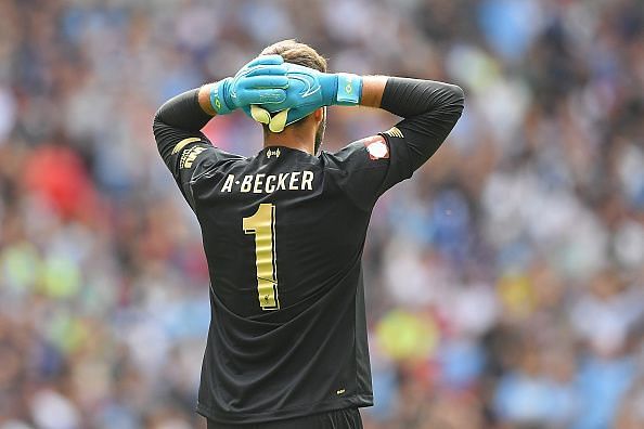 Alisson Becker in action in the Community Shield game