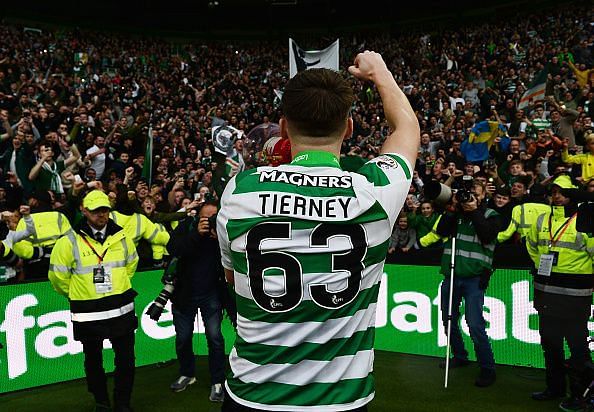 Kieran Tierney celebrates after winning the Scottish Premiership