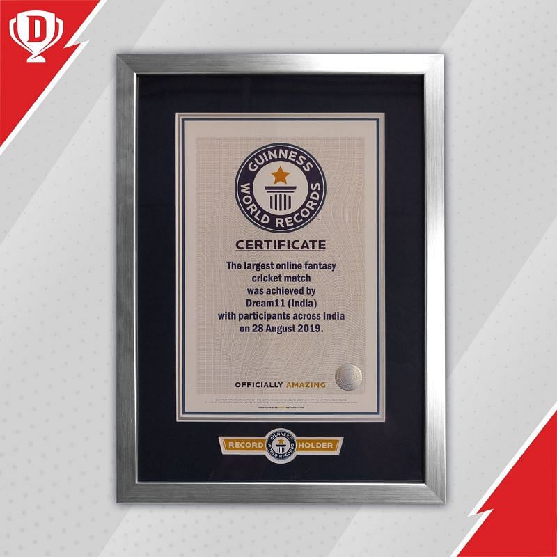 The Guinness World Record certificate awarded to Dream11