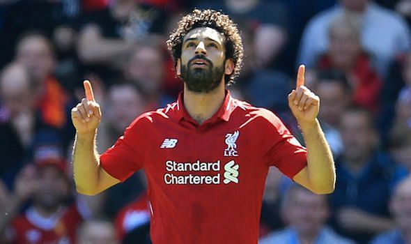 Mohamed Salah celebrating a goal for Liverpool.