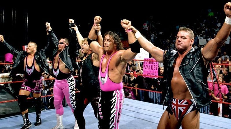 The Hart Foundation: Owen Hart, Jim Neidhart, Brian Pillman, Bret Hart, and British Bulldog.