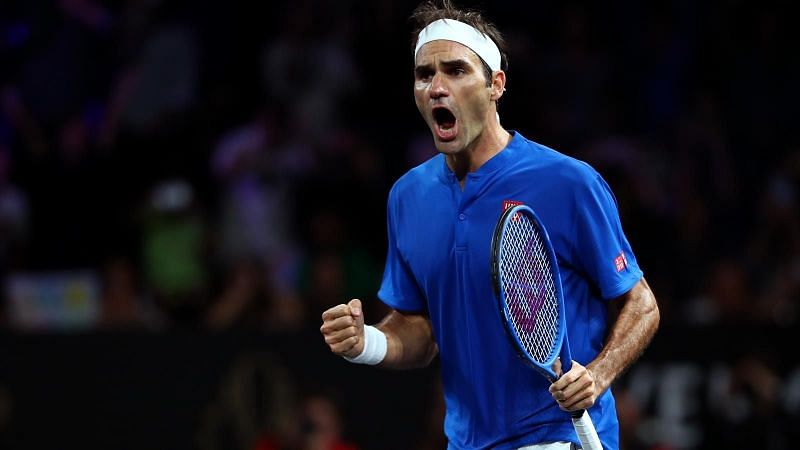 Federer reacts after beating Isner on the third day of action at the 2019 Laver Cup in Geneva