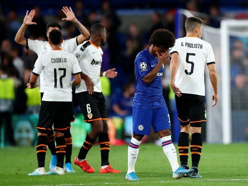 Chelsea forward Willian looks dejected after Valencia scored the only goal last night.