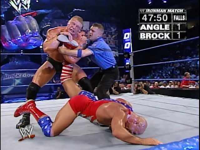 Brock Lesnar defeated Kurt Angle in an Iron Man match to become a 3-time WWE Champion.