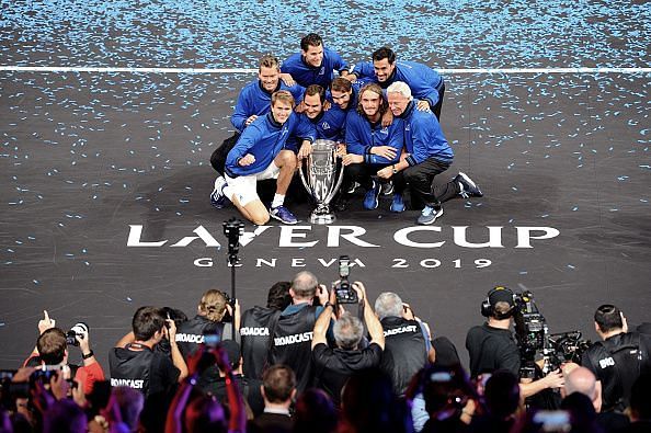 Team Europe pose with their third Laver Cup title in Geneva in 2019