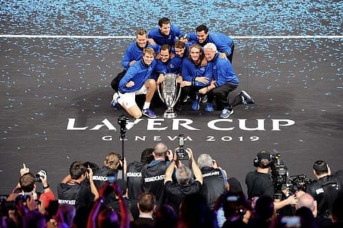 Team Europe pose with their third Laver Cup title in Geneva in 2019