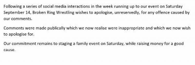Broken Ring Wrestling&#039;s apology for tweets about sexual assault, suicide and cancer.