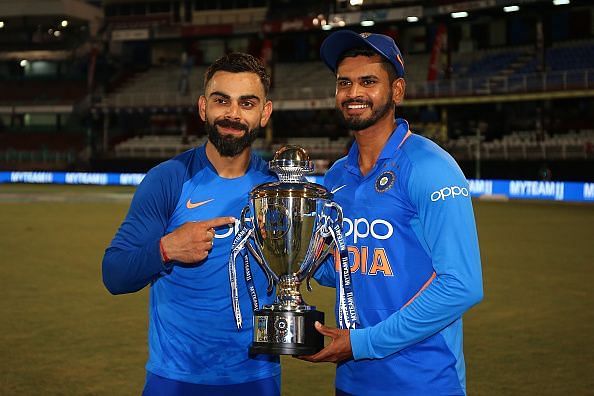 India captain Virat Kohli and Shreyas Iyer celebrate the ODI series win.