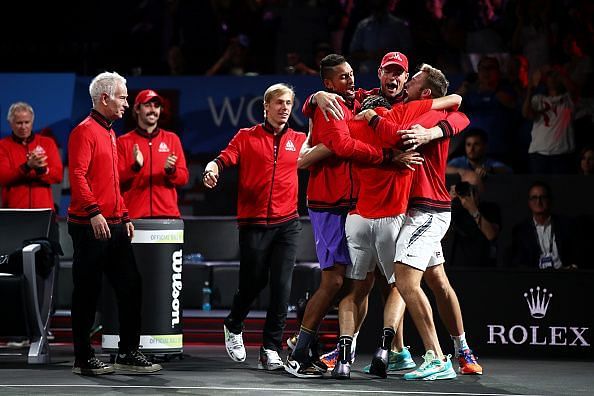 Team World congratulates Fritz after the young American's win over Thiem