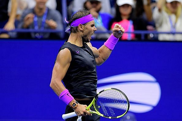 Rafael Nadal exults after beating 2014 winner Marin Cilic in the fourth round