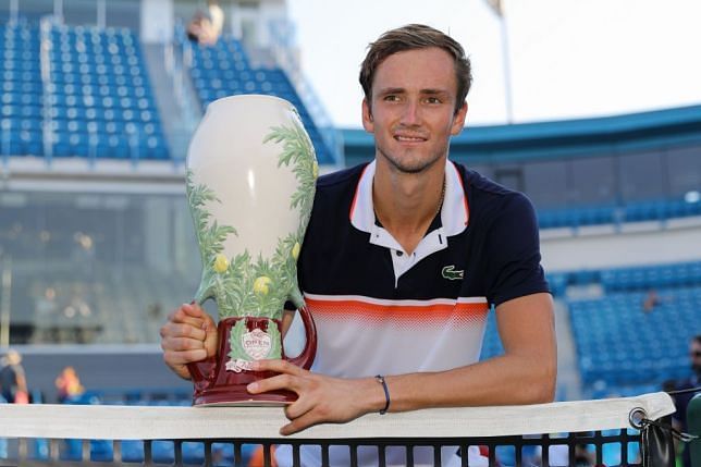 &Acirc;&nbsp;Medvedev poses with his first Masters 1000 title in Cincinnati