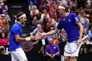 Roger Federer (L) and Alexander Zverev(R) during their first doubles' match in the Laver Cup last year.