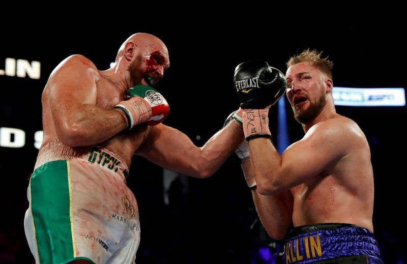 Tyson Fury in action with Otto Wallin on Saturday at the T-Mobile Arena in Las Vegas.