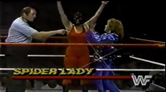 The Fabulous Moolah donned the Spider Lady mask to unseat Wendi Richter as the Women&#039;s Champion in the 