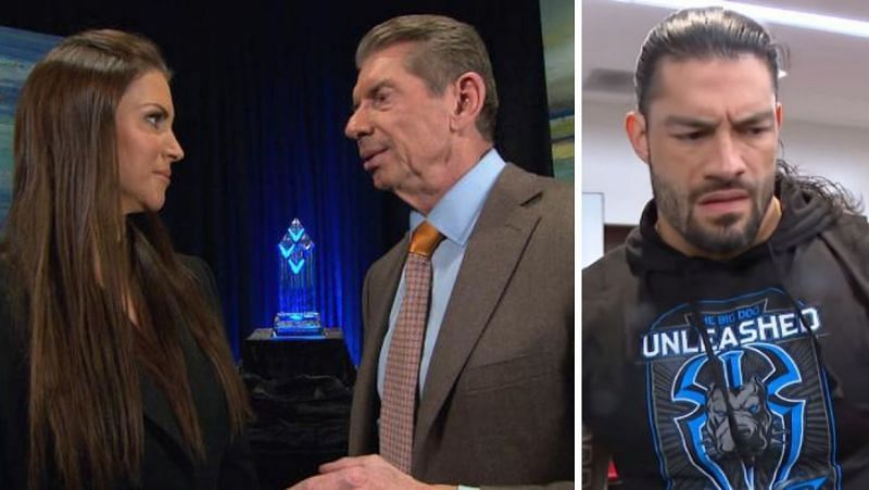 WWE: (From left to right: Stephanie McMahon, Vince McMahon, Roman Reigns)