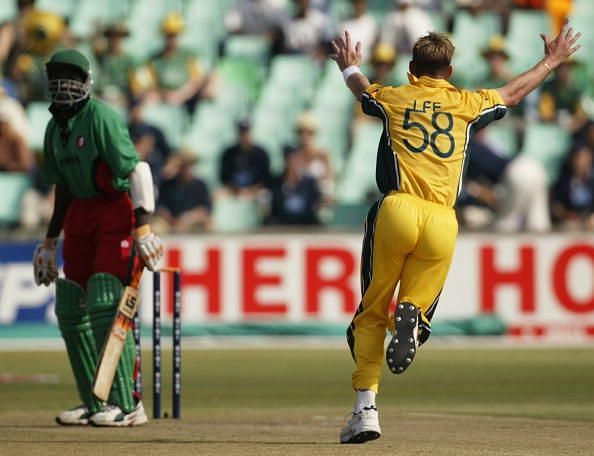 Brett Lee celebrates his hat trick after bowling out Kenya&#039;s David Obuya at the 2003 World Cup.