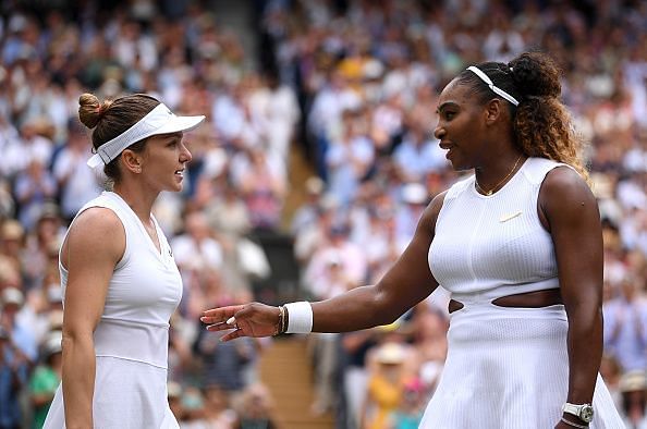 Serena Williams (R) after losing the 2019 Wimbledon final to Simona Halep