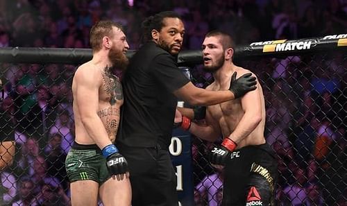 Khabib Nurmagomedov (right) has been called out by Conor McGregor once again