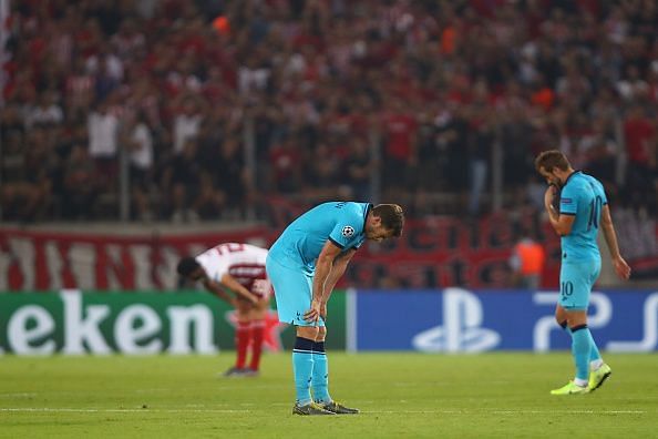 Tottenham threw away a 0-2 lead to draw with Olympiacos in the Champions League this evening