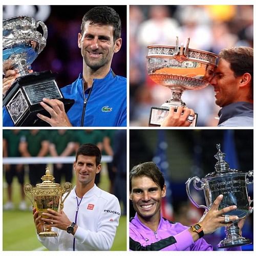 2019 Grand Slam winners (top-row: Djokovic - Australian Open, Nadal - French Open; bottom row: Djokovic - Wimbledon, Nadal - US Open)