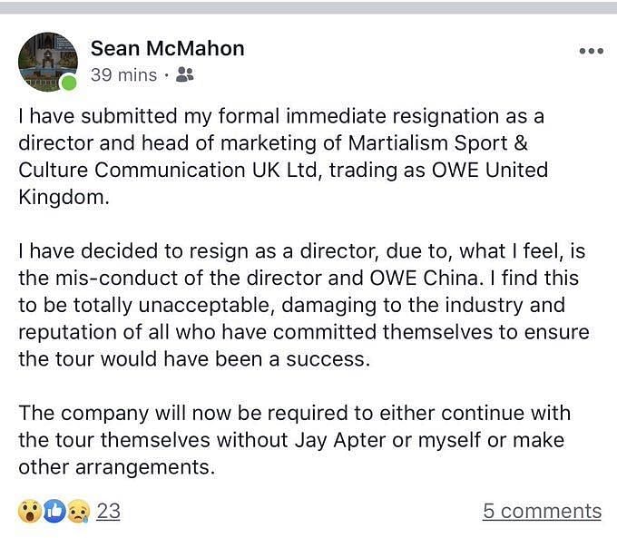 OWE UK Director Sean McMahon&#039;s resignation announcement Enter caption