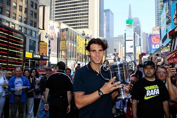 Nadal poses with his first US Open title in 2010