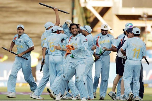 Dhoni celebrates the legendary 2007 World T20 triumph with his teammates.