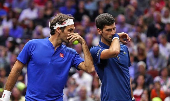 Federer and Djokovic in a doubles match at the 2018 Laver Cup in Chicago