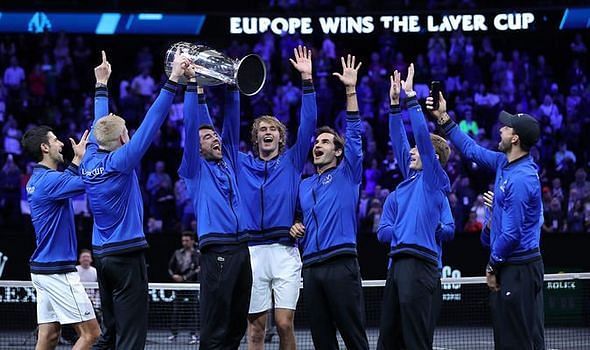 Team Europe celebrate their third consecutive title at the 2019 Laver Cup in Geneva.