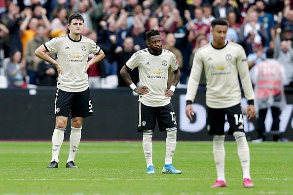 Manchester United players looking dejected after the defeat to the Hammers.