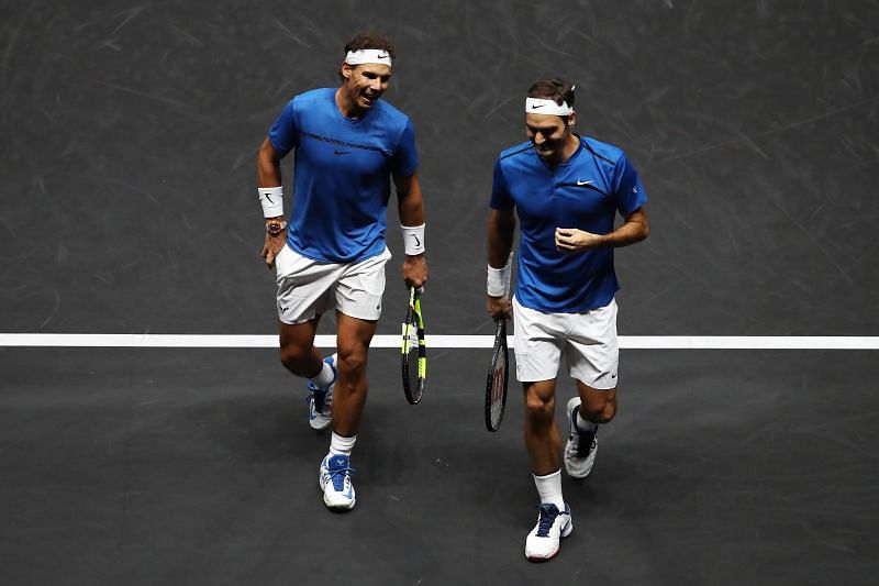 Nadal and Federer during their doubles match against Querrey and Sock at the 2017 Laver Cup in Prague.