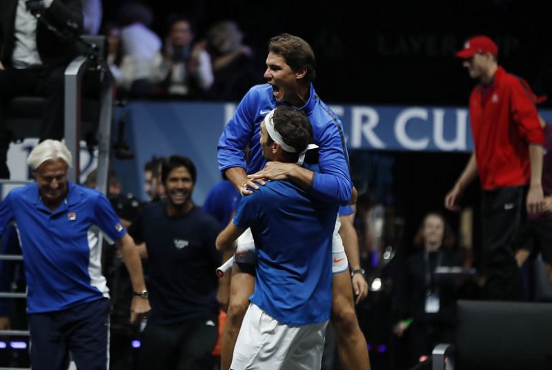 Federer and Nadal celebrate Team Europe&#039;s first win at the 2017 Laver Cup in Prague