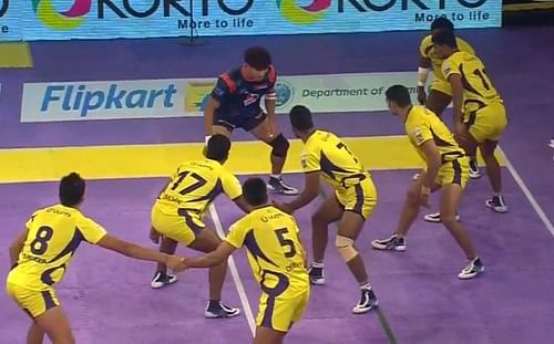 A still from the match between Telugu Titans and Bengal Warriors