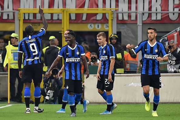 Lukaku celebrates his goal for Inter in the Milan Derby
