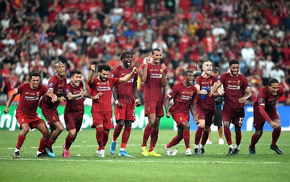 Liverpool players celebrate their UEFA Super Cup triumph.