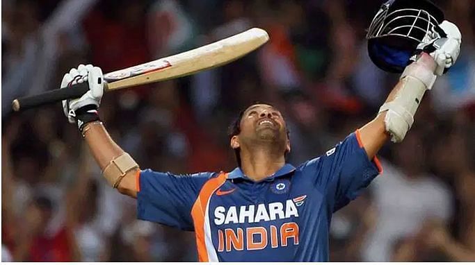 Sachin Tendulkar celebrating his maiden One Day International double century.