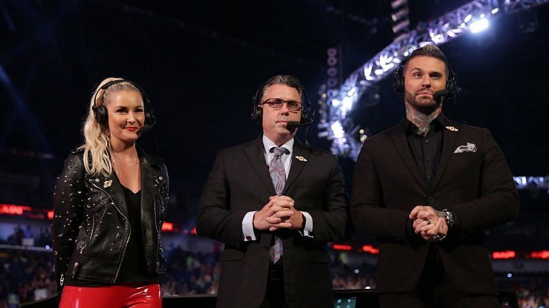 Renee Young, Michael Cole and Corey Graves call the action on Raw