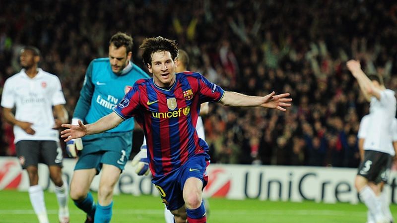 Messi exults after scoring his first four-goal haul in a Champions League game (Arsenal in 2009-10)